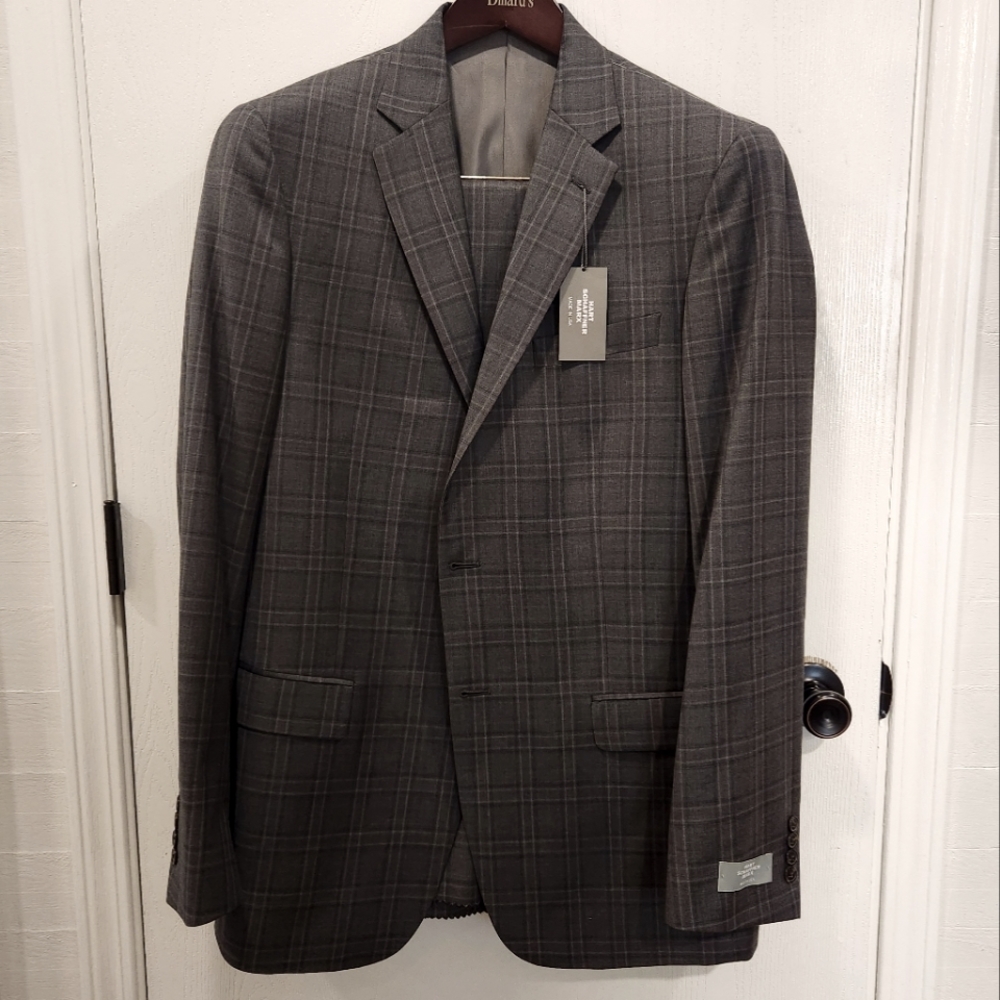 NWT Hart Schaffner Marx 44L Gray Windowpane Plaid Suit